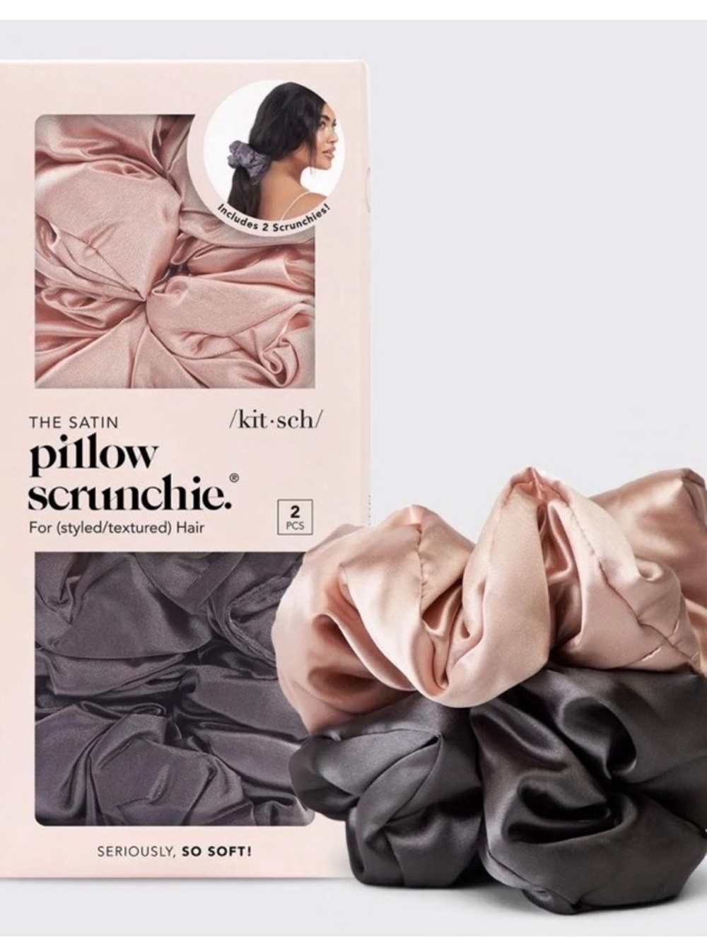 Kitsch Satin Pillow Scrunchie Duo - Blush Pink & Charcoal